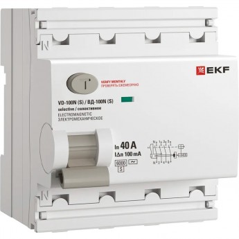 Выключатель дифференциального тока EKF ВД-100N (S) 4P 40А 100мА тип AC эл-мех 6кА PROXIMA E1046MS40100 Выключатель дифференциального тока EKF ВД-100N (S) 4P 40А 100мА тип AC эл-мех 6кА PROXIMA E1046MS40100